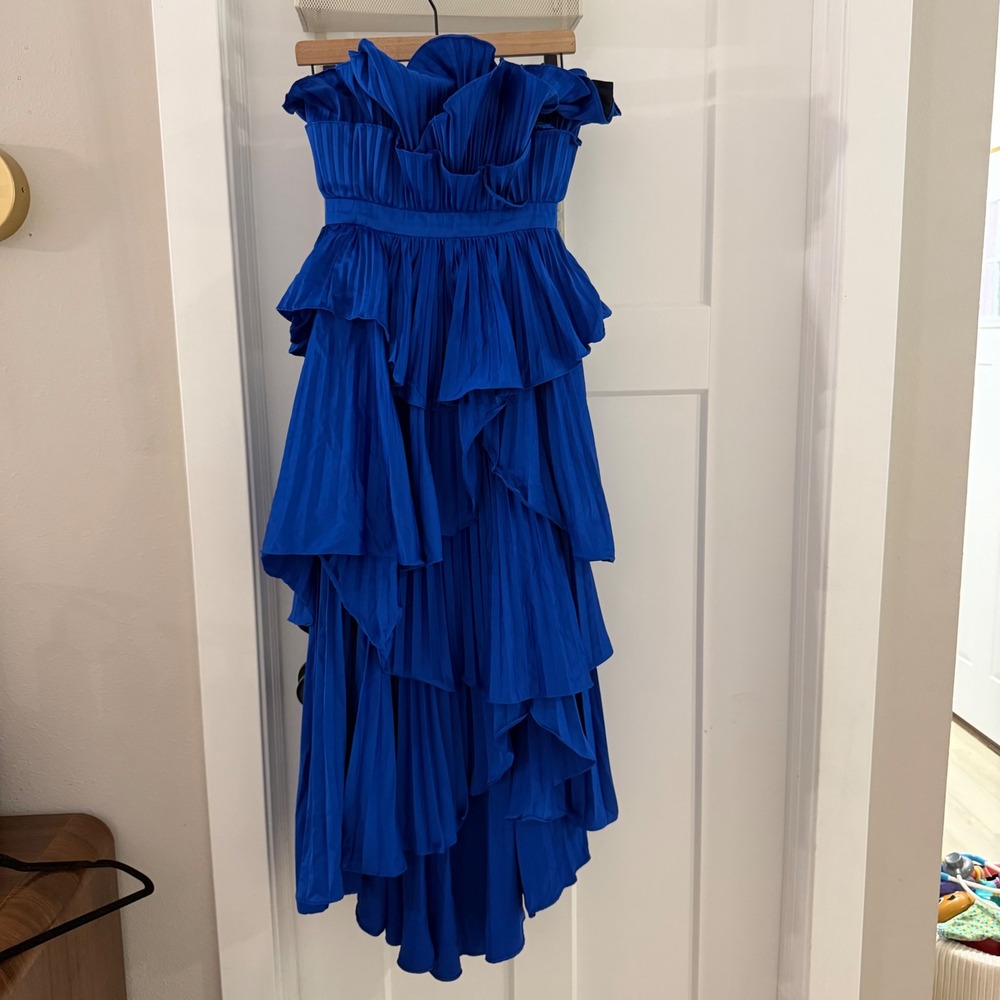 AMUR Blue Judah Pleated Tiered Ruffle Strapless Gown Dress Gala Statement  0